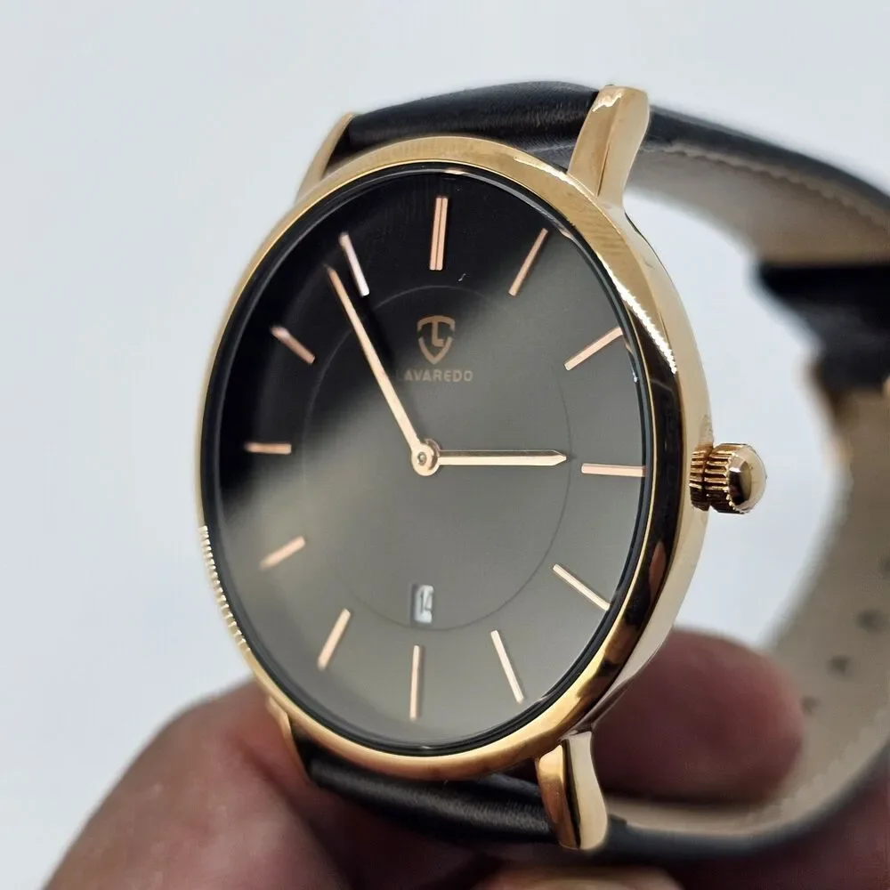 Men's Watch 40MM Black Dial Gold Case Black‎ Leather Band Straps Date Indicator